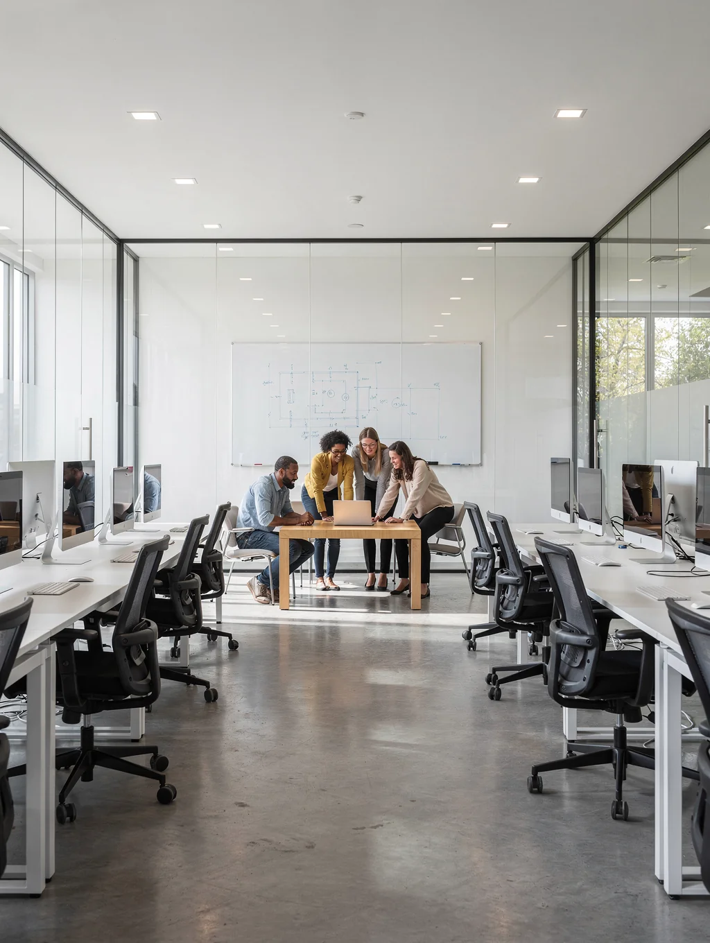 Modern architectural office workspace showing collaborative strategy session